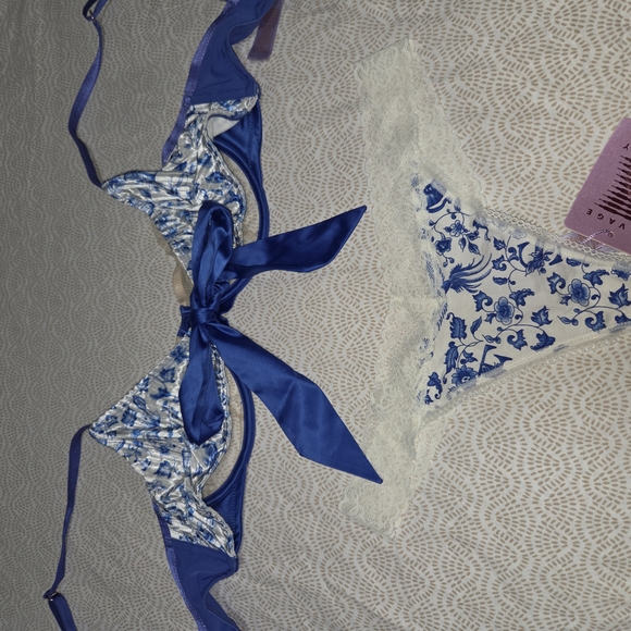 NWT Savage X Fenty Blue and White Lingerie Bra Size 36D, Panties M - Picture 3 of 9